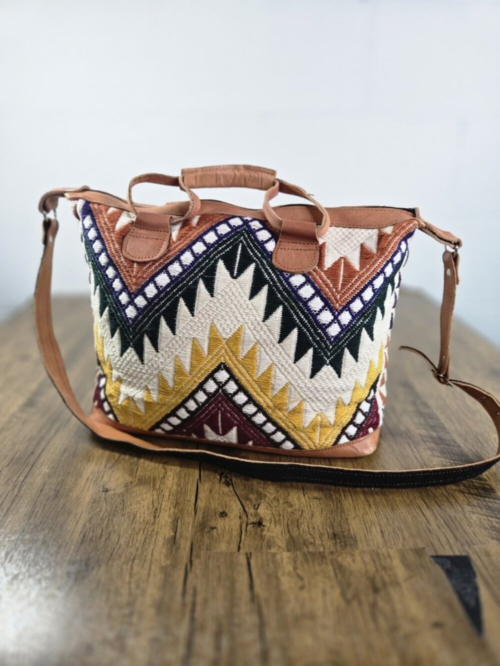 Boho Kilim Style Weekender Bag Travel Duffle Tote Embroidered Leather